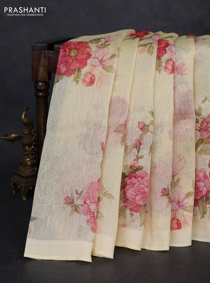 Pure linen silk saree pale yellow with floral digital prints and simple border