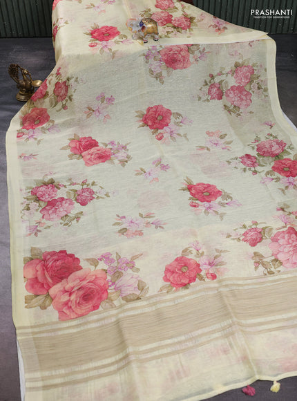 Pure linen silk saree pale yellow with floral digital prints and simple border