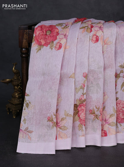 Pure linen silk saree pastel lavender with floral digital prints and simple border