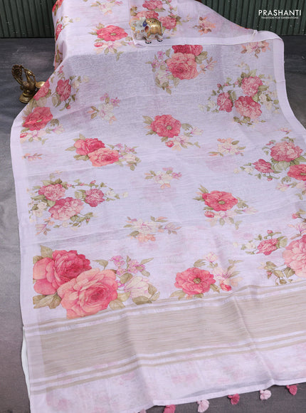 Pure linen silk saree pastel lavender with floral digital prints and simple border