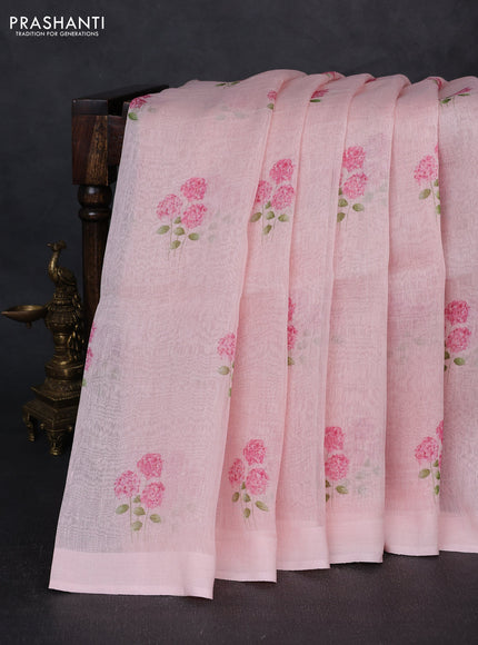 Pure linen silk saree mild peach pink with floral digital butta prints and simple border