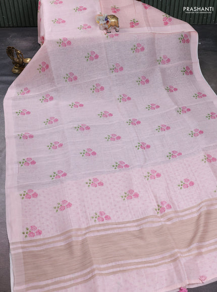 Pure linen silk saree mild peach pink with floral digital butta prints and simple border