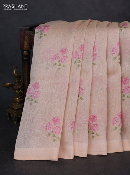 Pure linen silk saree pale orange with floral digital butta prints and simple border