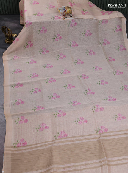 Pure linen silk saree pale orange with floral digital butta prints and simple border