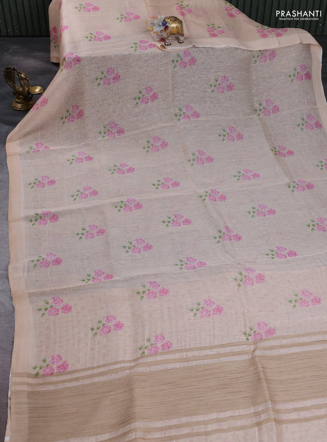 Pure linen silk saree pale orange with floral digital butta prints and simple border