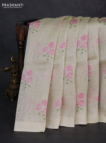 Pure linen silk saree pale yellow with floral digital butta prints and simple border