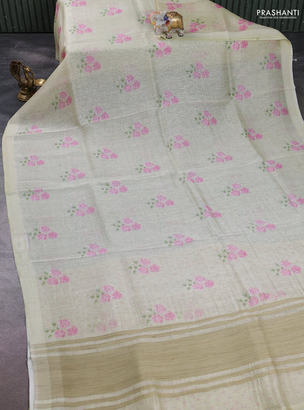 Pure linen silk saree pale yellow with floral digital butta prints and simple border
