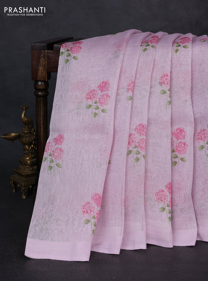 Pure linen silk saree lotus pink with floral digital butta prints and simple border