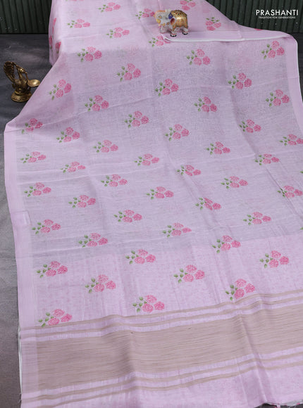 Pure linen silk saree lotus pink with floral digital butta prints and simple border