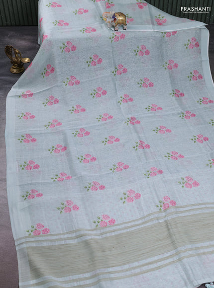 Pure linen silk saree mild teal with floral digital butta prints and simple border