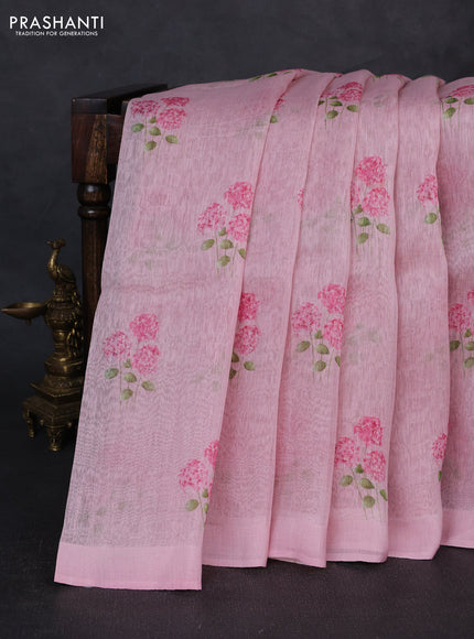 Pure linen silk saree light pink with floral digital butta prints and simple border