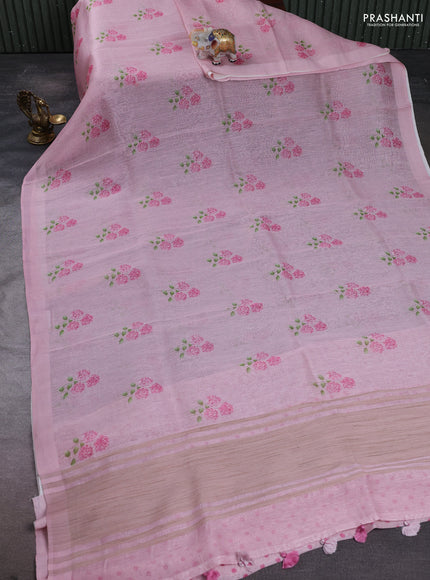 Pure linen silk saree light pink with floral digital butta prints and simple border