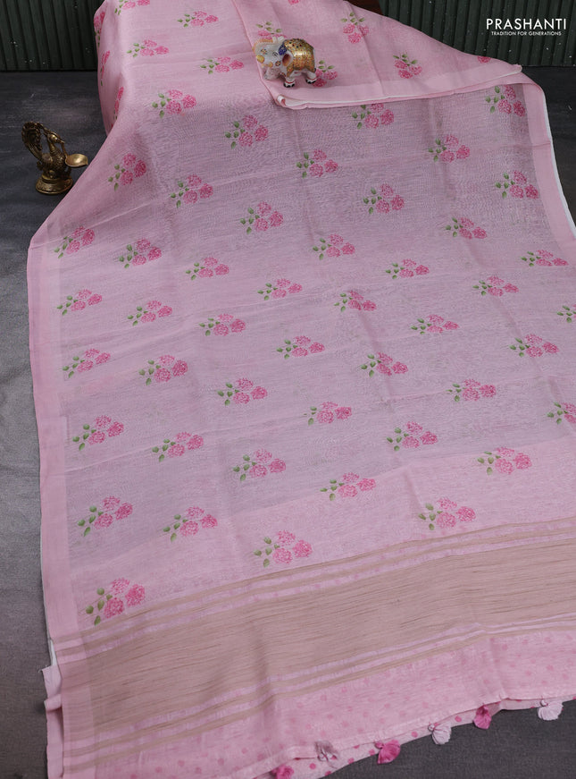 Pure linen silk saree light pink with floral digital butta prints and simple border