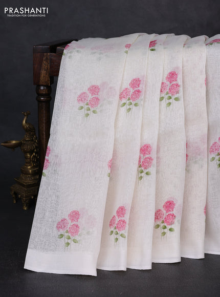Pure linen silk saree off white with floral digital butta prints and simple border