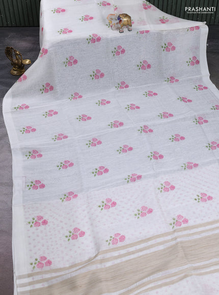 Pure linen silk saree off white with floral digital butta prints and simple border