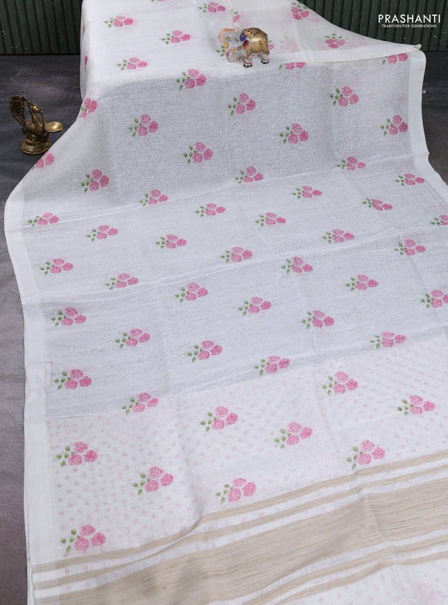 Pure linen silk saree off white with floral digital butta prints and simple border
