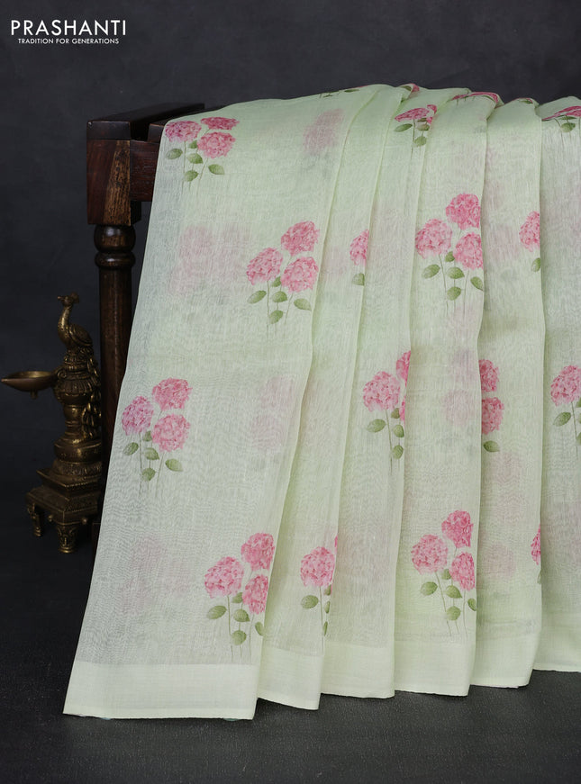 Pure linen silk saree pista green with floral digital butta prints and simple border