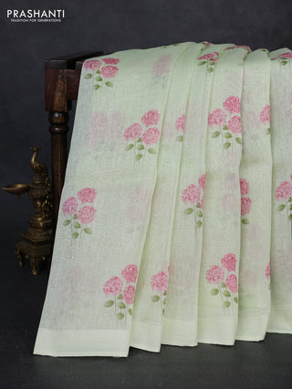 Pure linen silk saree pista green with floral digital butta prints and simple border