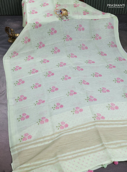 Pure linen silk saree pista green with floral digital butta prints and simple border
