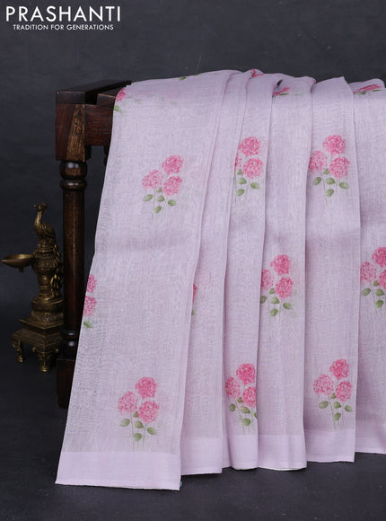 Pure linen silk saree pastel lavender with floral digital butta prints and simple border