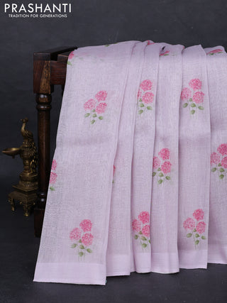 Pure linen silk saree pastel lavender with floral digital butta prints and simple border