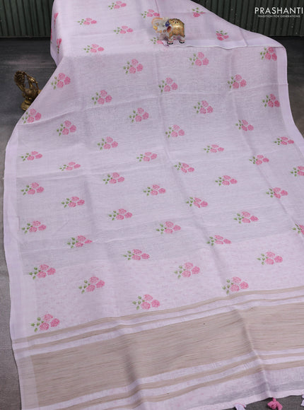 Pure linen silk saree pastel lavender with floral digital butta prints and simple border