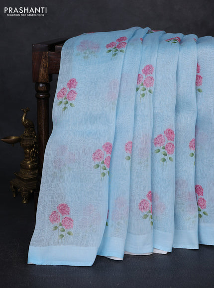 Pure linen silk saree light blue with floral digital butta prints and simple border