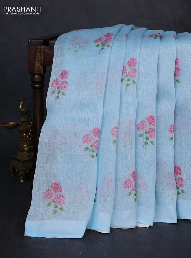 Pure linen silk saree light blue with floral digital butta prints and simple border