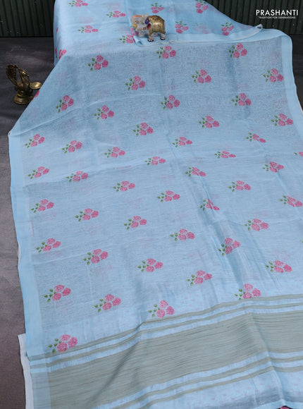 Pure linen silk saree light blue with floral digital butta prints and simple border