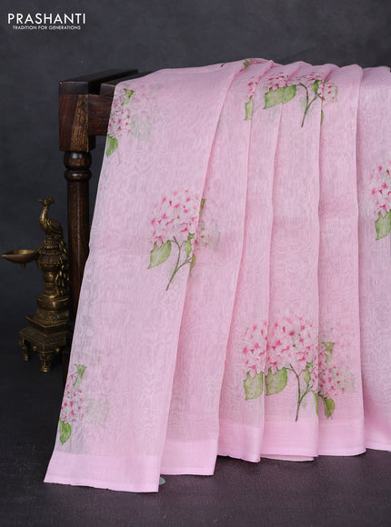 Pure linen silk saree light pink with floral digital butta prints and simple border