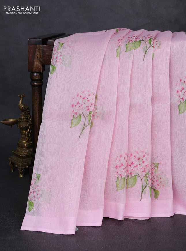 Pure linen silk saree light pink with floral digital butta prints and simple border