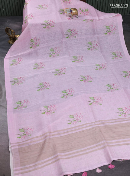 Pure linen silk saree light pink with floral digital butta prints and simple border