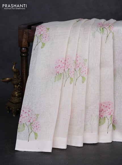 Pure linen silk saree cream with floral digital butta prints and simple border