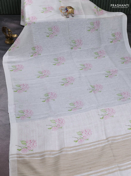 Pure linen silk saree cream with floral digital butta prints and simple border