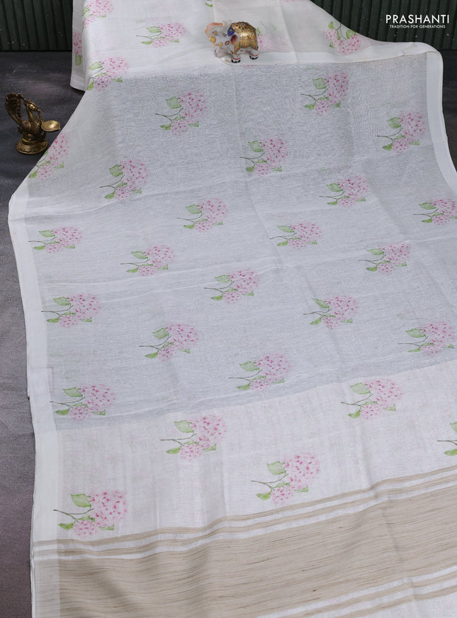 Pure linen silk saree cream with floral digital butta prints and simple border
