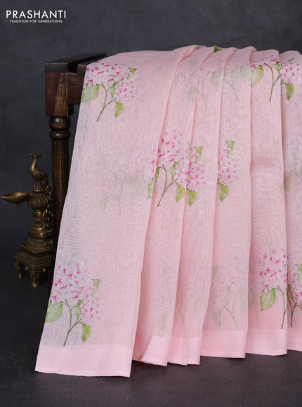 Pure linen silk saree mild peach pink with floral digital butta prints and simple border