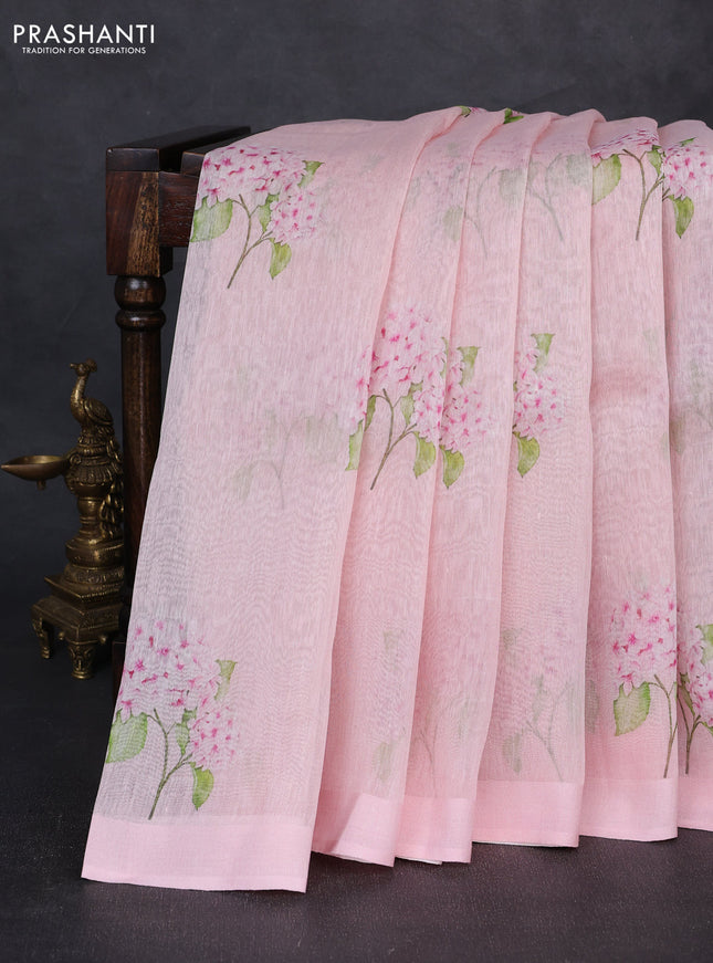 Pure linen silk saree mild peach pink with floral digital butta prints and simple border