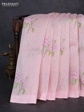 Pure linen silk saree mild peach pink with floral digital butta prints and simple border