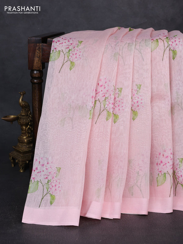 Pure linen silk saree mild peach pink with floral digital butta prints and simple border