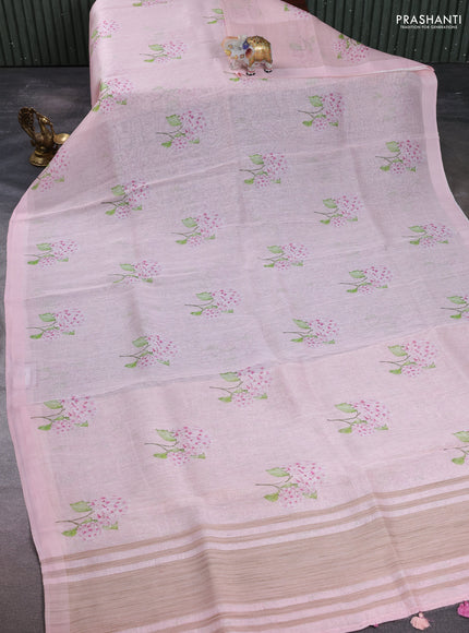 Pure linen silk saree mild peach pink with floral digital butta prints and simple border