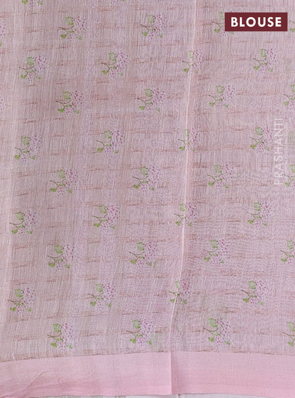 Pure linen silk saree mild peach pink with floral digital butta prints and simple border