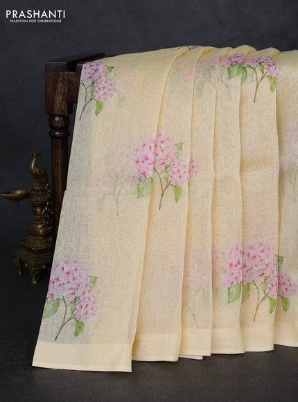 Pure linen silk saree pale yellow with floral digital butta prints and simple border