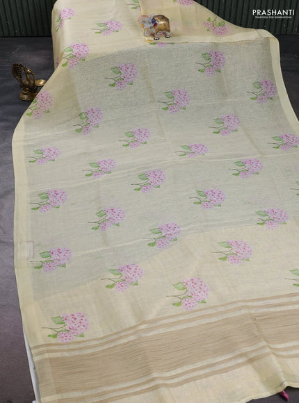 Pure linen silk saree pale yellow with floral digital butta prints and simple border