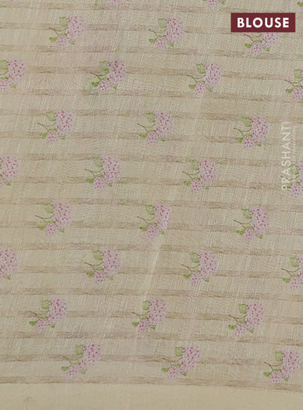 Pure linen silk saree pale yellow with floral digital butta prints and simple border