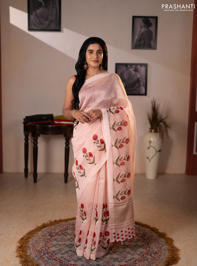 Pure linen silk saree mild peach with floral digital butta prints and simple border