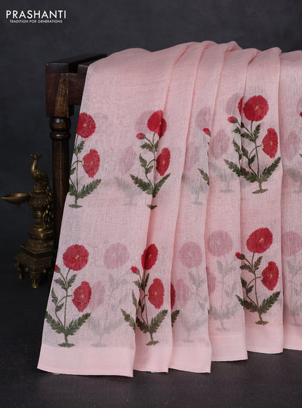 Pure linen silk saree mild peach with floral digital butta prints and simple border