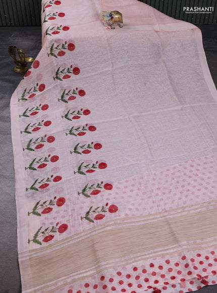 Pure linen silk saree mild peach with floral digital butta prints and simple border