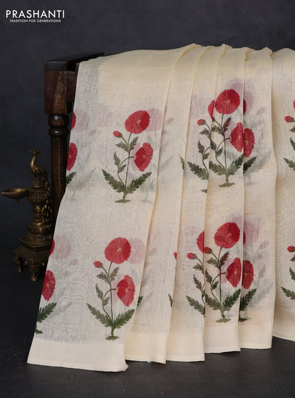 Pure linen silk saree pale yellow with floral digital butta prints and simple border