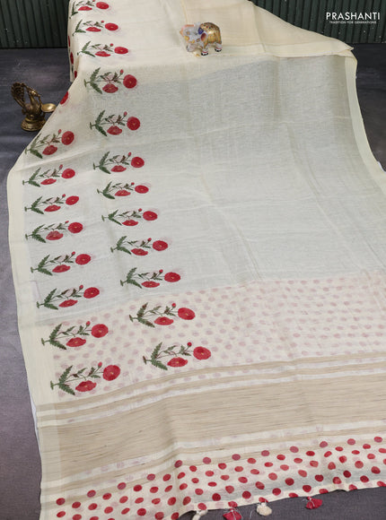 Pure linen silk saree pale yellow with floral digital butta prints and simple border