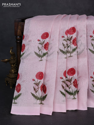 Pure linen silk saree baby pink with floral digital butta prints and simple border